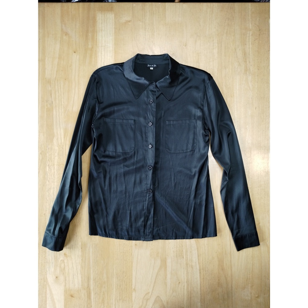 Jois & Jo Italian Silk Blouse Black Women's Large Button Down Collar Long Sleeve